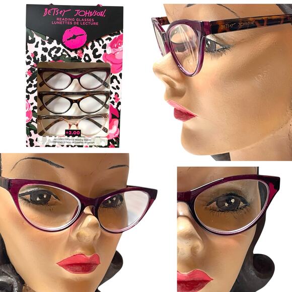 Betsey Johnson +1.50 Reading Glasses Readers 3 Pack Set Cat Eye Tortoise Maroon - Picture 6 of 8